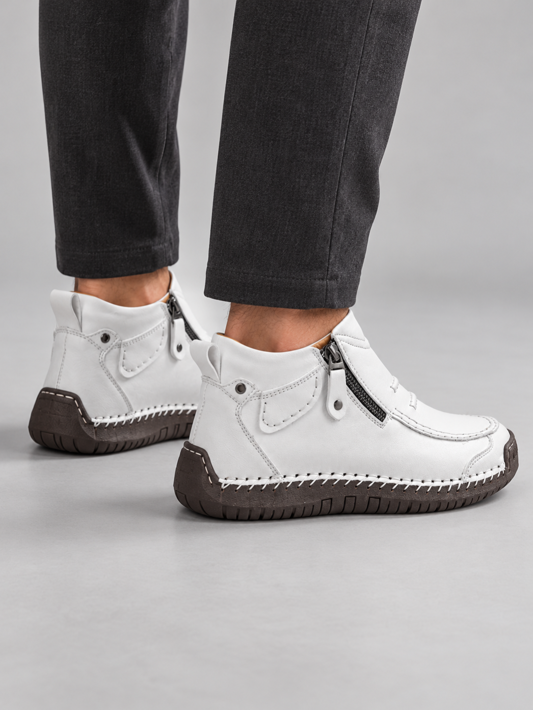 Men's Contrast Stitch Zip Leather-Look Ankle Boots - white back