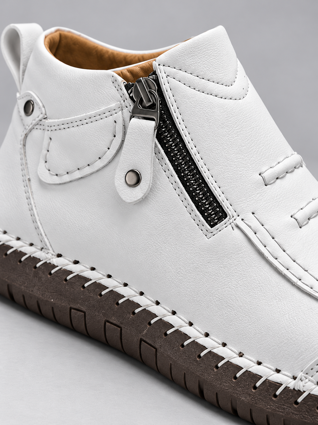 Men's Contrast Stitch Zip Leather-Look Ankle Boots - white detail