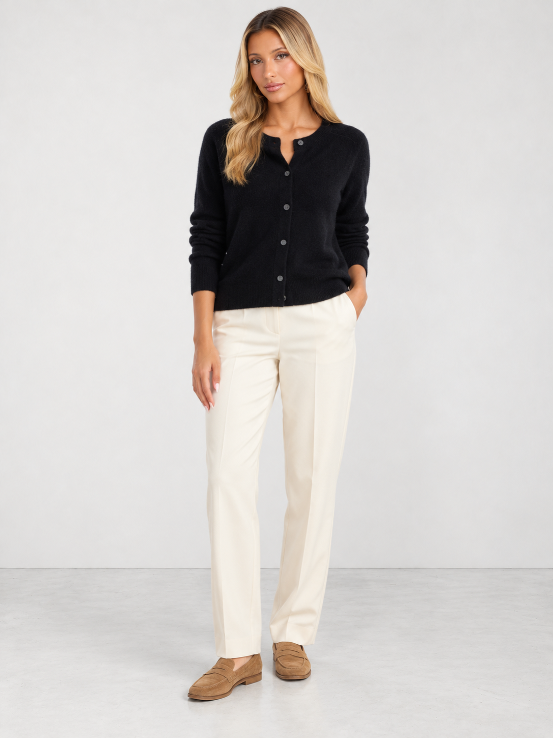 Women's Soft Knit Crew Neck Cardigan - black model