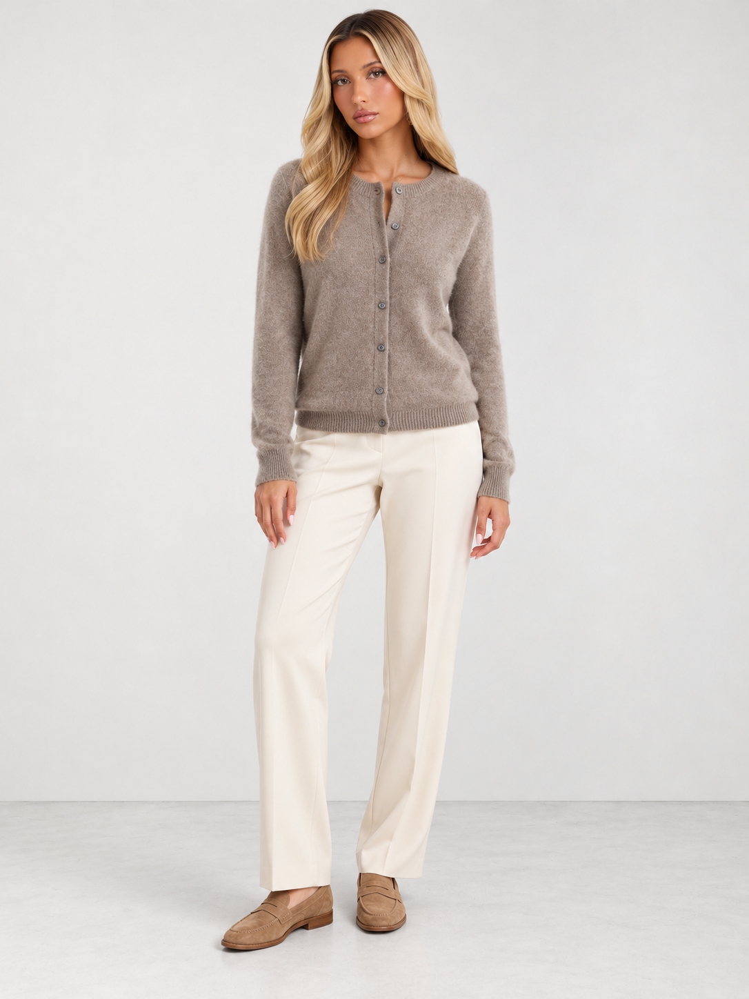 Women's Soft Knit Crew Neck Cardigan - brown model