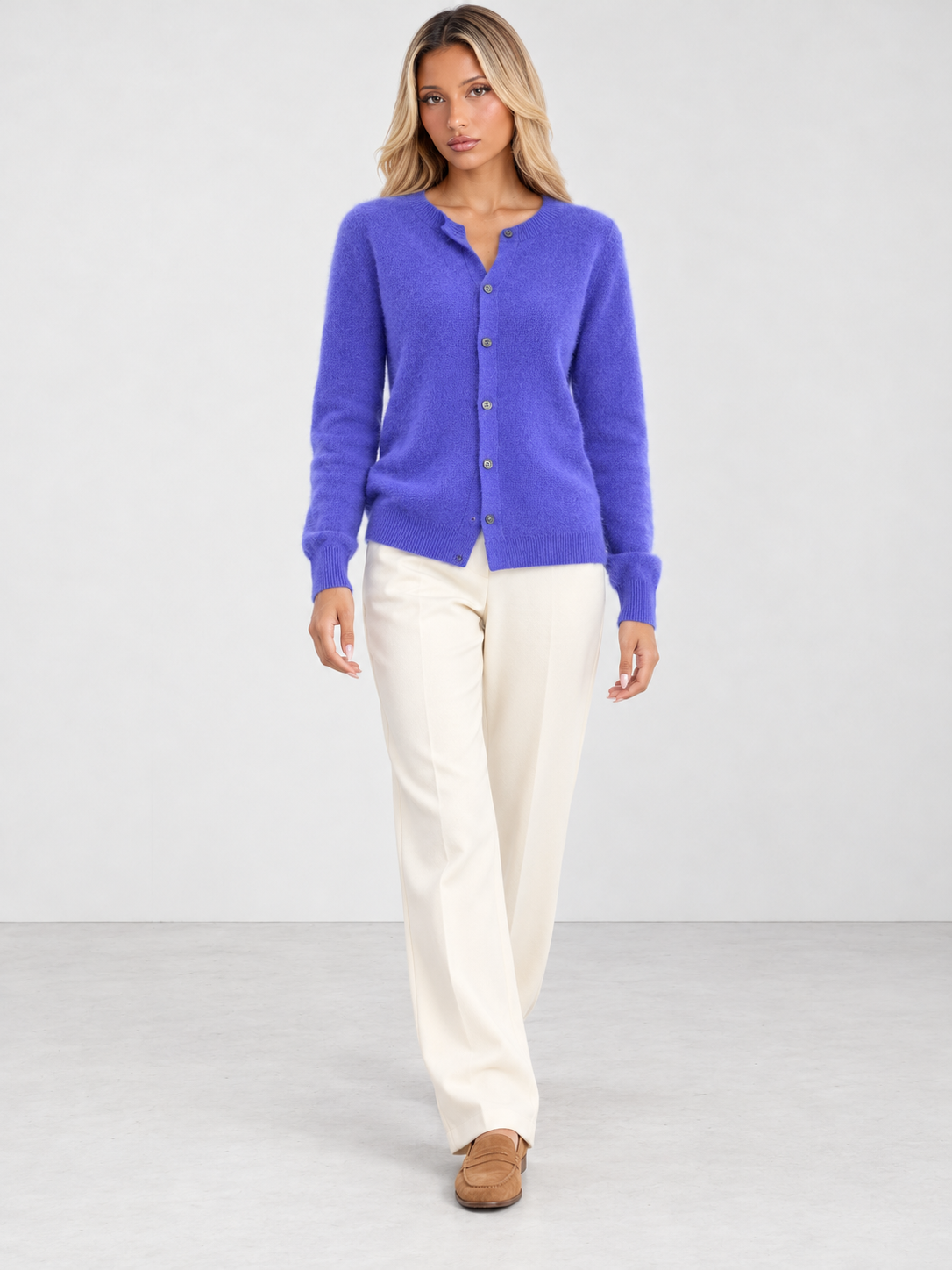 Women's Soft Knit Crew Neck Cardigan - dark blue model