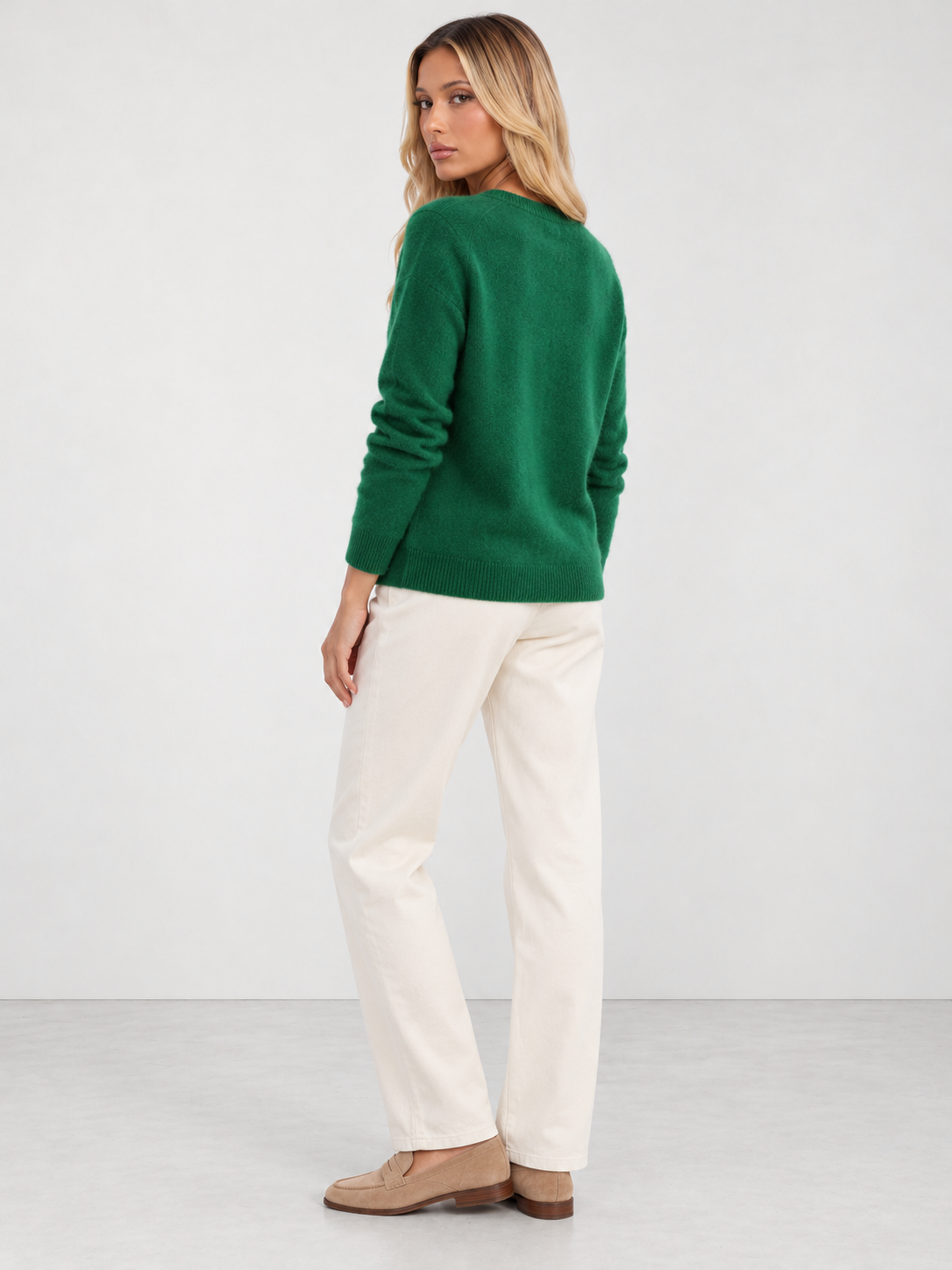 Women's Soft Knit Crew Neck Cardigan - dark green back