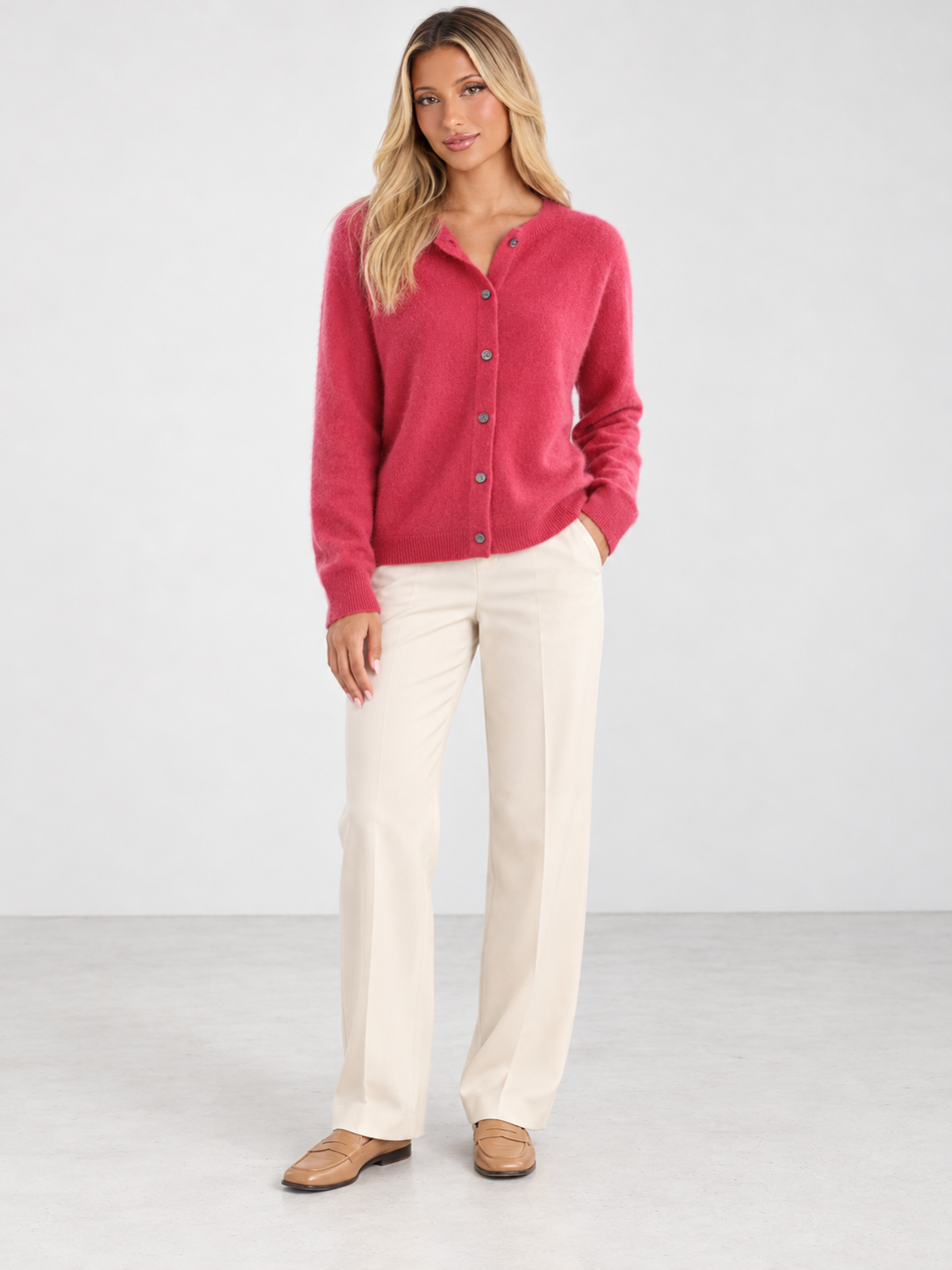 Women's Soft Knit Crew Neck Cardigan - hot pink model