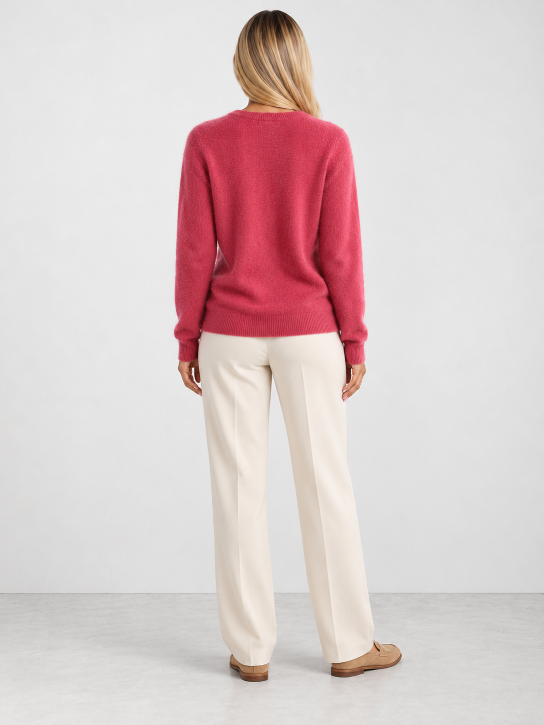 Women's Soft Knit Crew Neck Cardigan - hot pink back