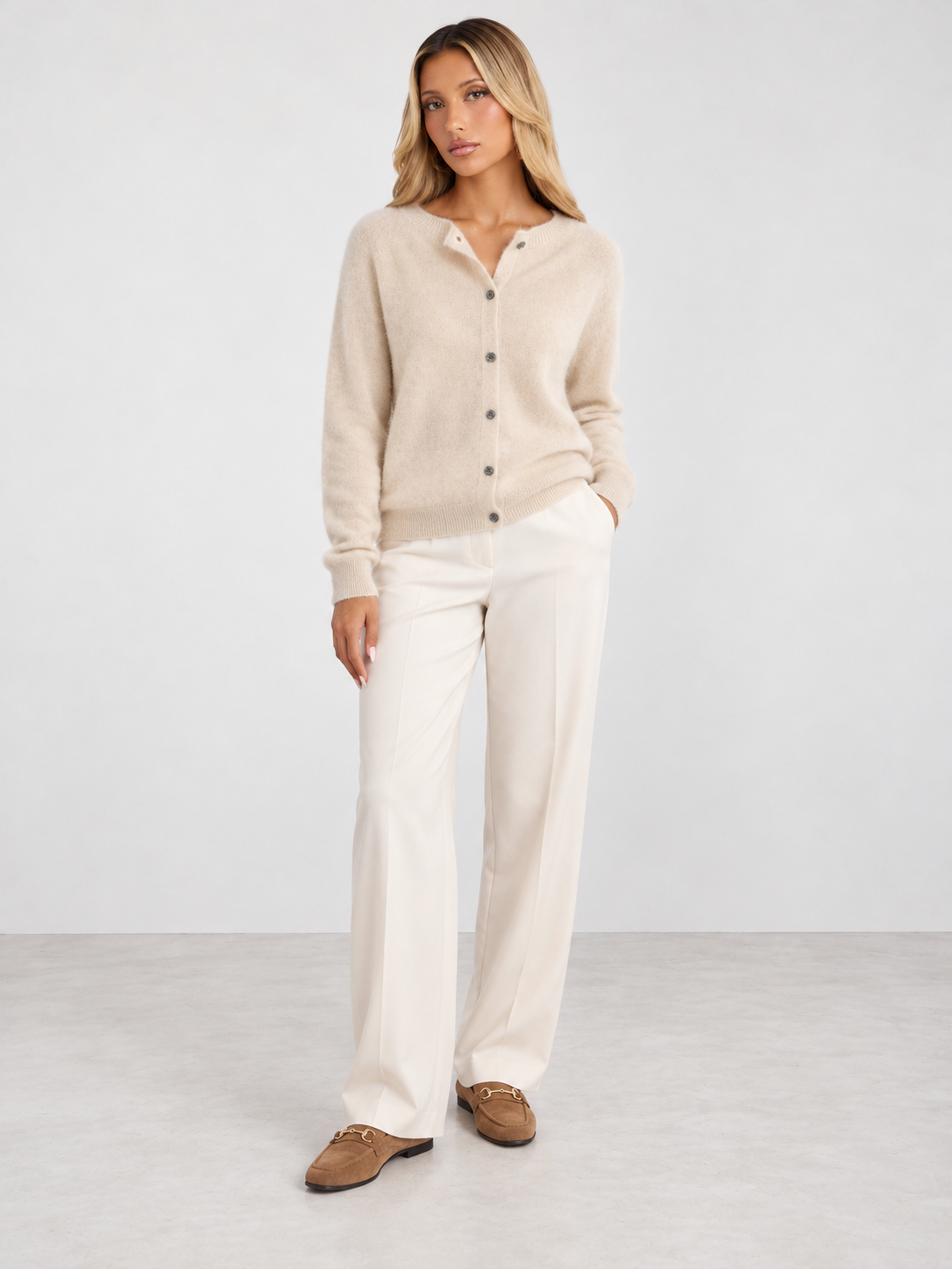Women's Soft Knit Crew Neck Cardigan - khaki model