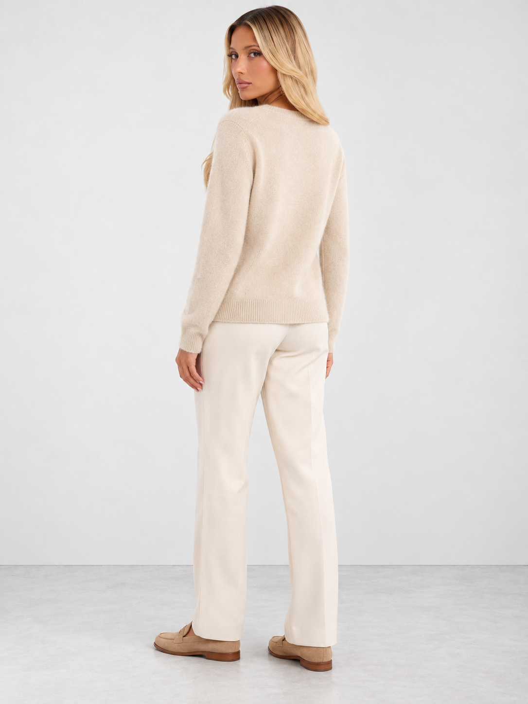 Women's Soft Knit Crew Neck Cardigan - khaki back