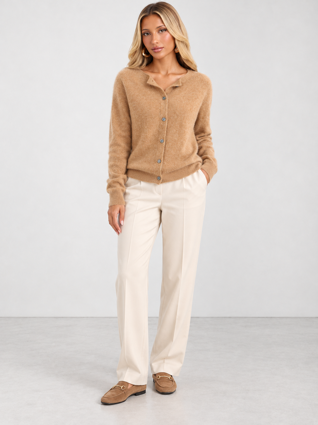 Women's Soft Knit Crew Neck Cardigan - light brown model