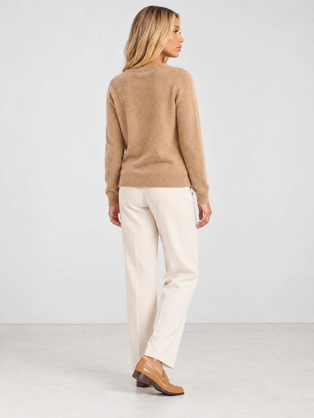 Women's Soft Knit Crew Neck Cardigan - light brown back