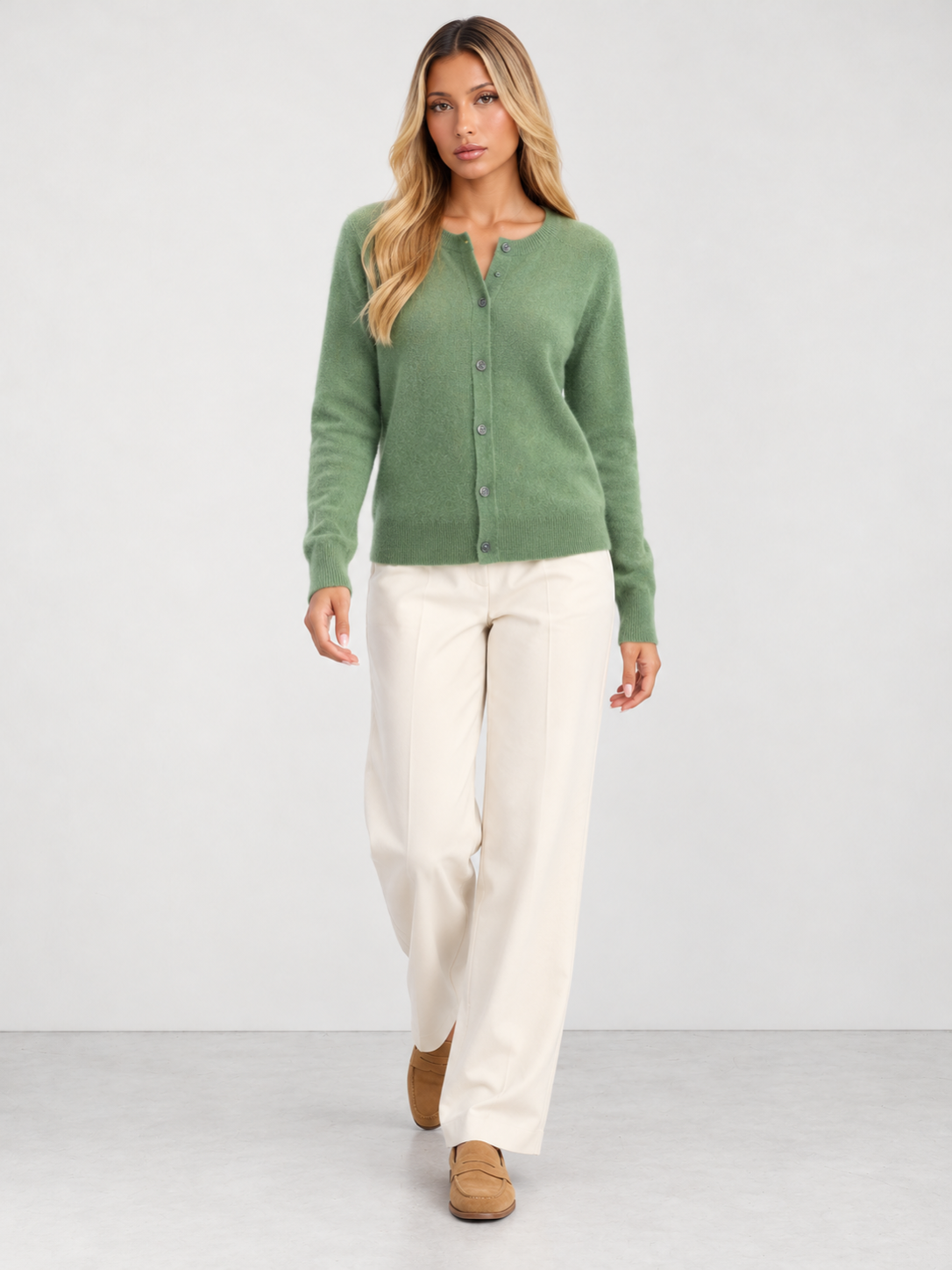 Women's Soft Knit Crew Neck Cardigan - light green model