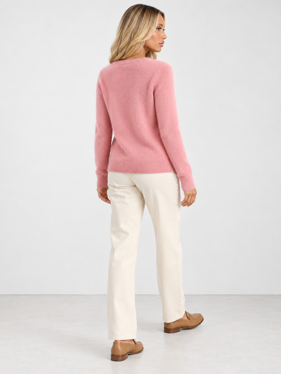 Women's Soft Knit Crew Neck Cardigan - light pink back