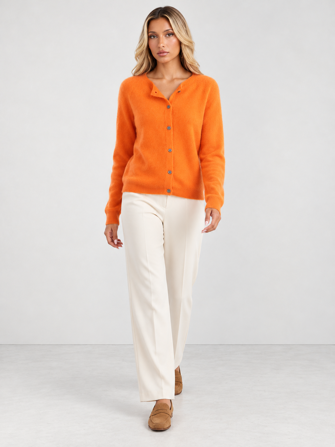Women's Soft Knit Crew Neck Cardigan - orange model