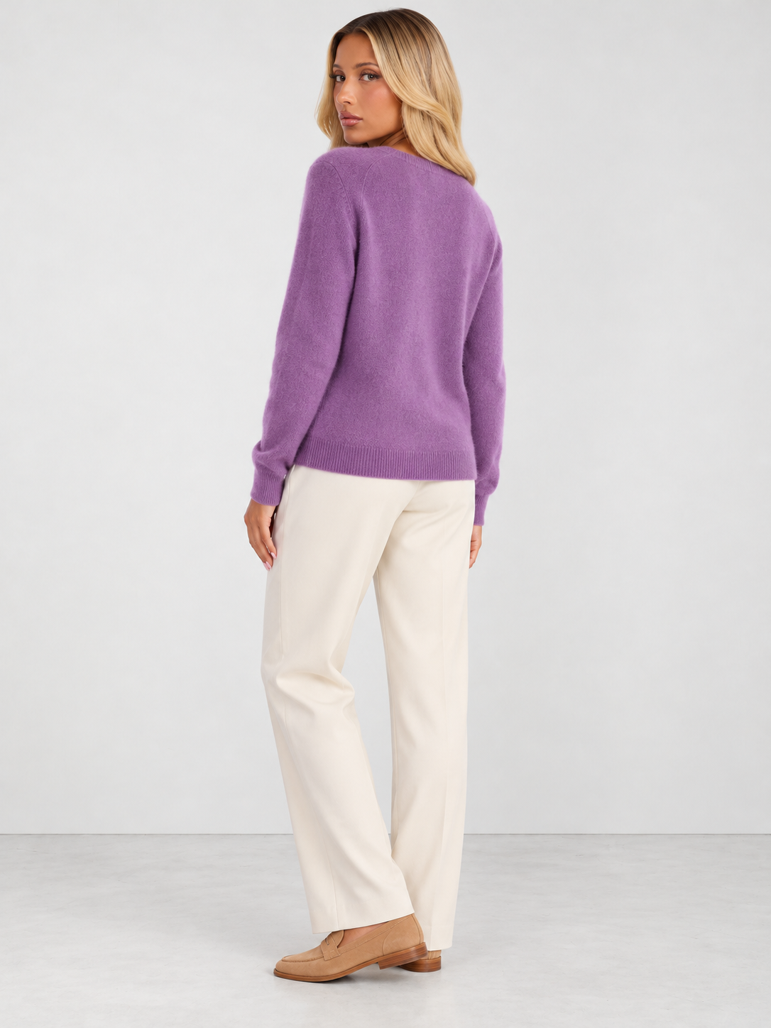 Women's Soft Knit Crew Neck Cardigan - purple back