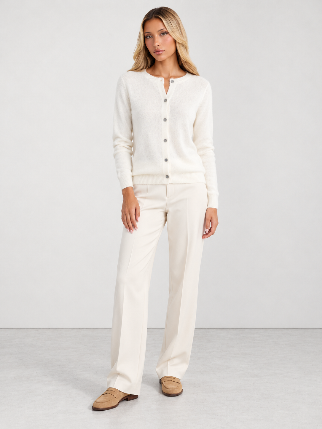 Women's Soft Knit Crew Neck Cardigan - white model