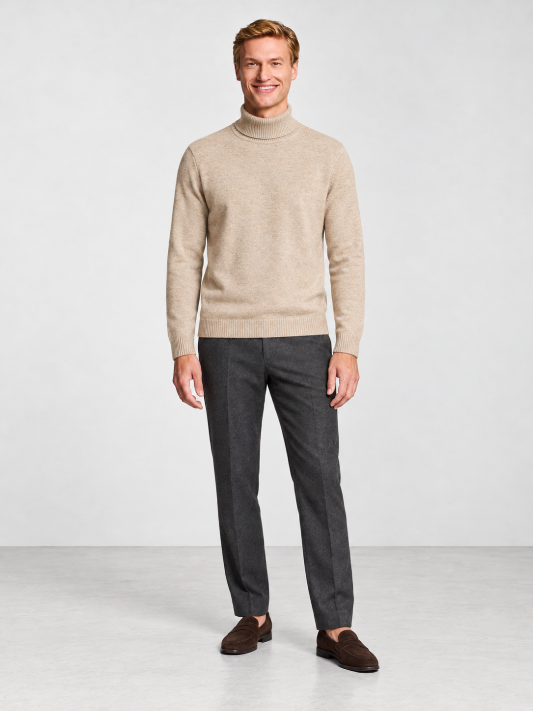 Men's Soft Knit Roll Neck Jumper - beige model
