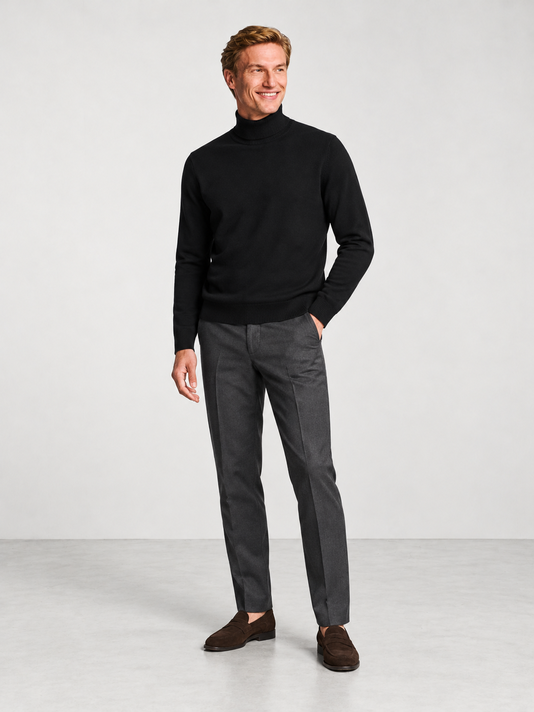 Men's Soft Knit Roll Neck Jumper - black model