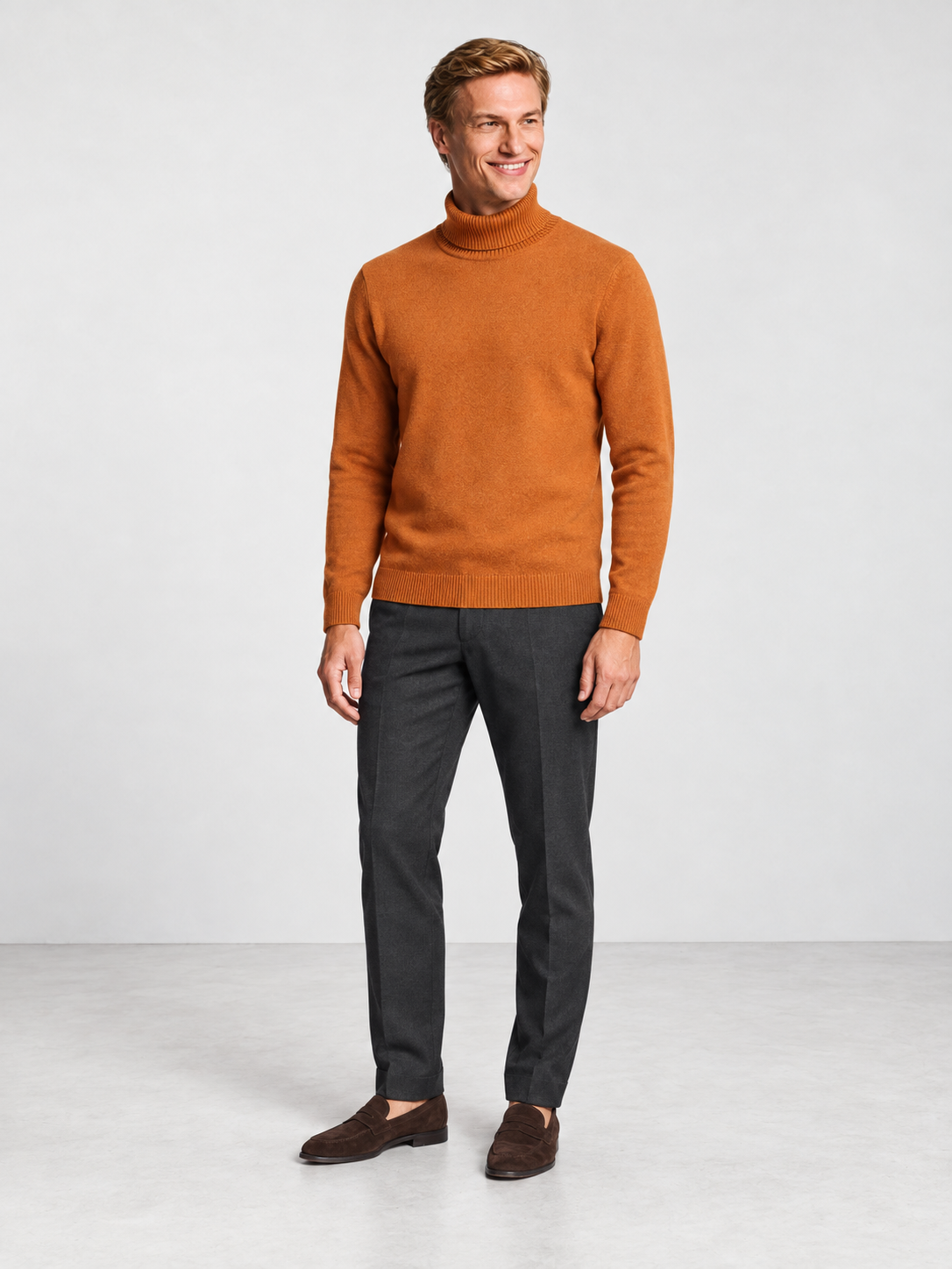 Men's Soft Knit Roll Neck Jumper - orange model