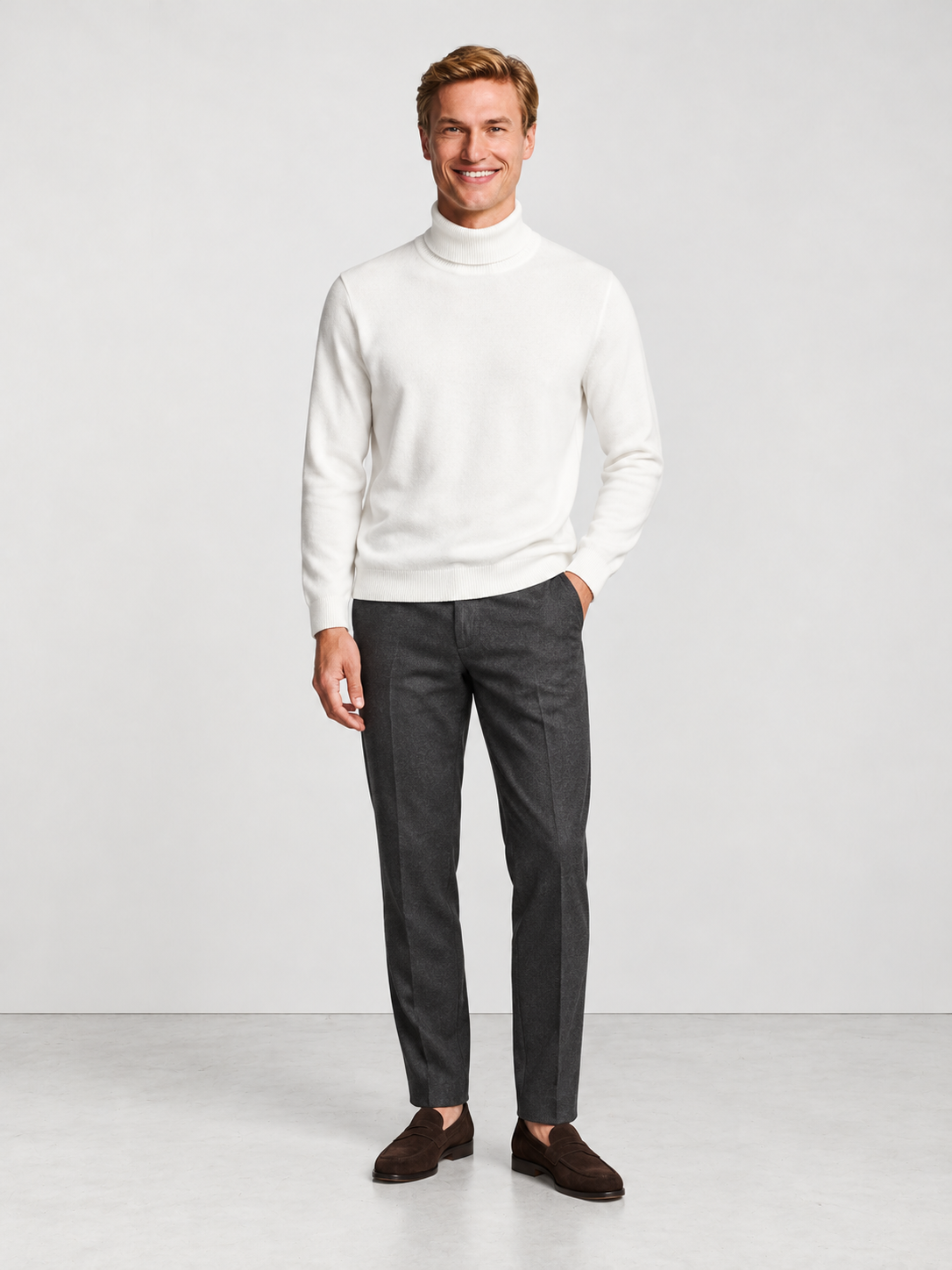 Men's Soft Knit Roll Neck Jumper - white model