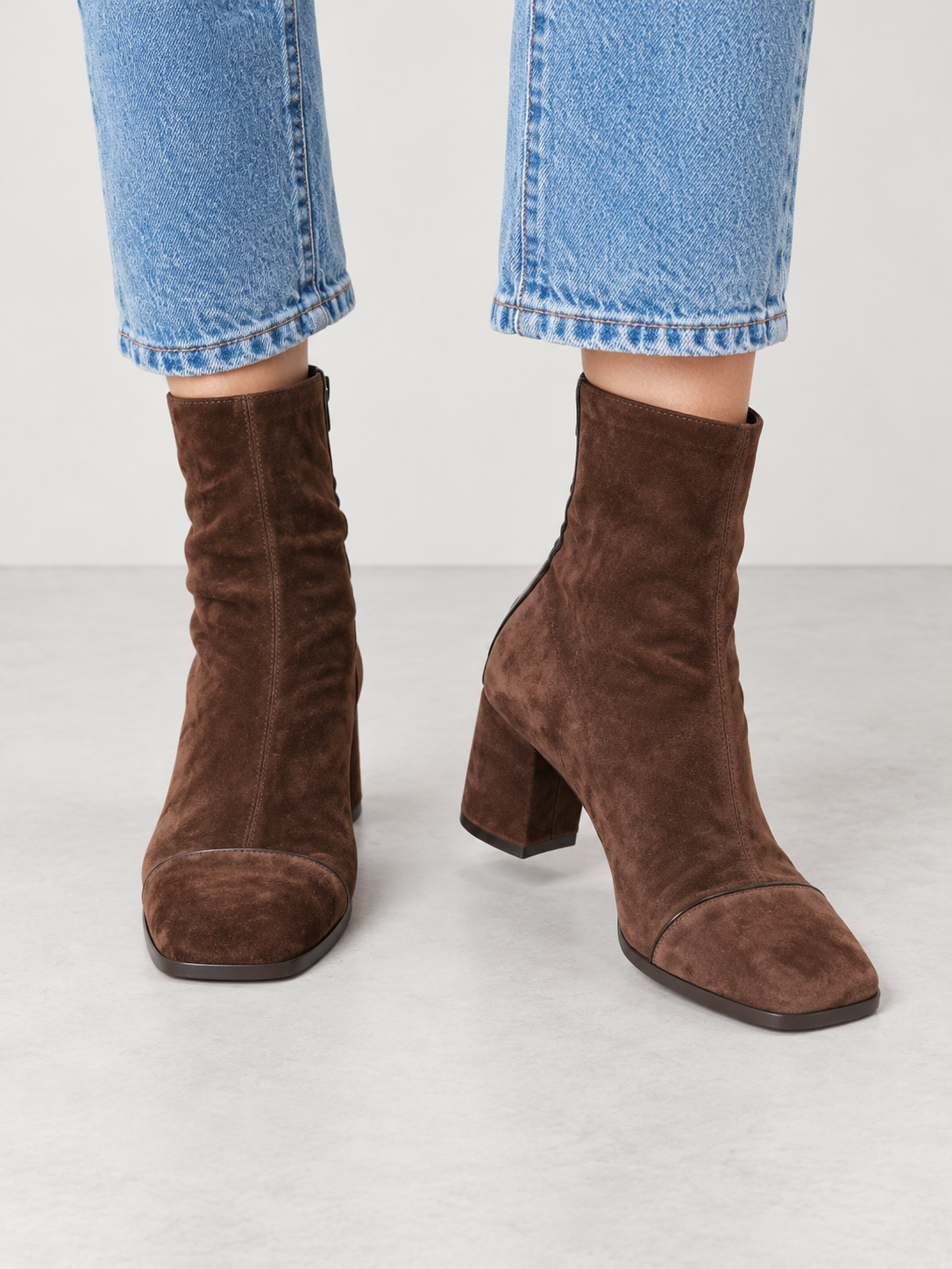 Women's Square Toe Suede-Look Block Heel Ankle Boots - brown model