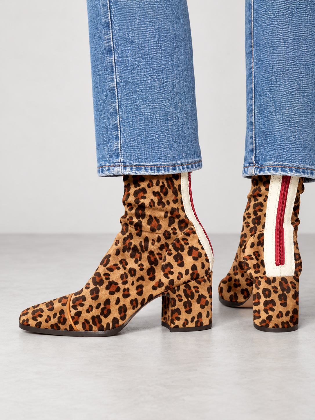 Women's Square Toe Suede-Look Block Heel Ankle Boots - leopard model