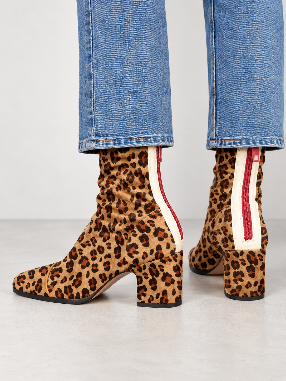 Women's Square Toe Suede-Look Block Heel Ankle Boots - leopard back