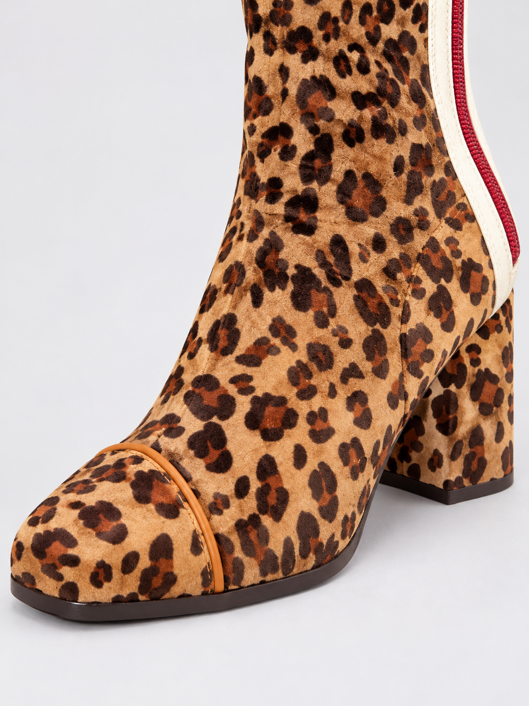 Women's Square Toe Suede-Look Block Heel Ankle Boots - leopard detail