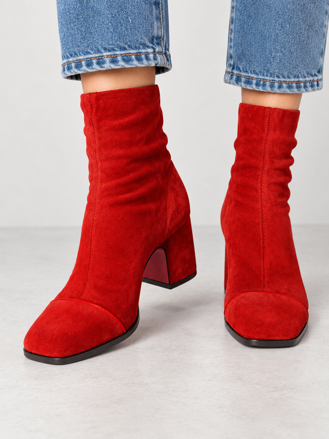 Women's Square Toe Suede-Look Block Heel Ankle Boots - red model