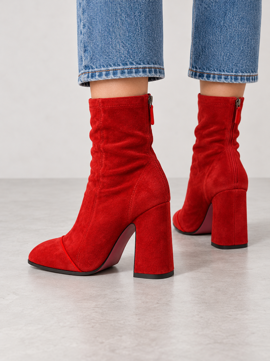 Women's Square Toe Suede-Look Block Heel Ankle Boots - red back