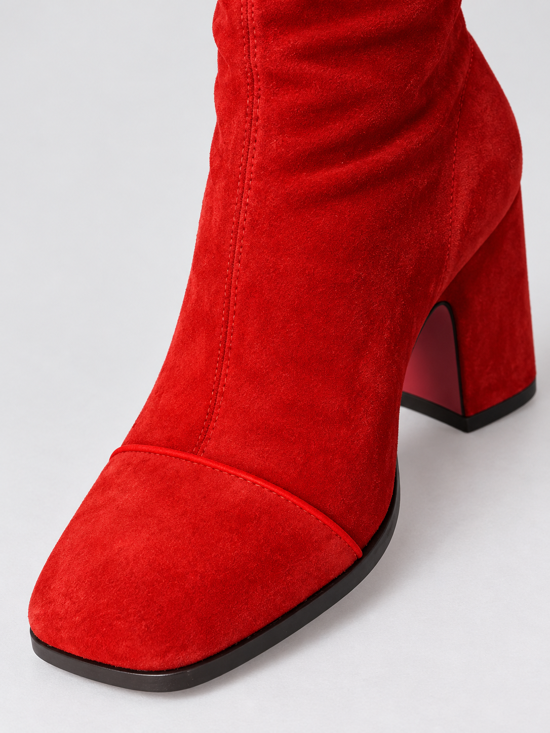 Women's Square Toe Suede-Look Block Heel Ankle Boots - red detail