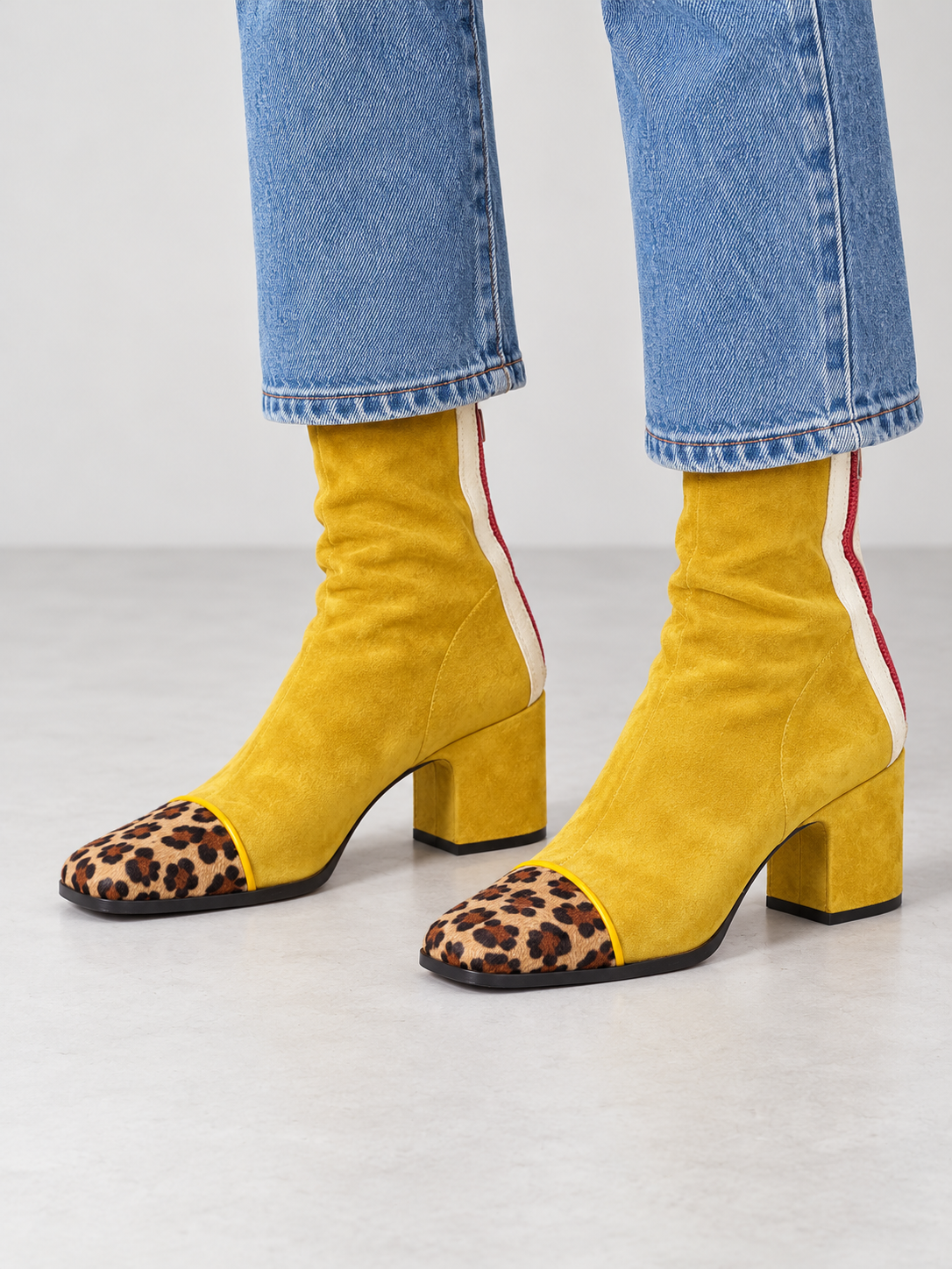 Women's Square Toe Suede-Look Block Heel Ankle Boots - yellow model