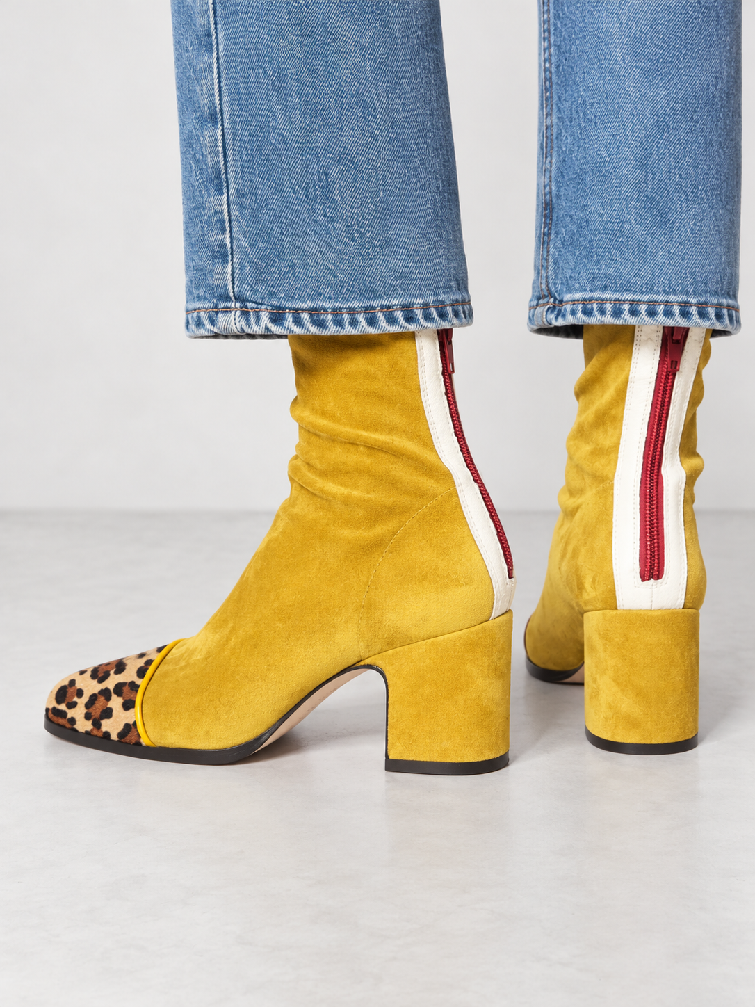 Women's Square Toe Suede-Look Block Heel Ankle Boots - yellow back