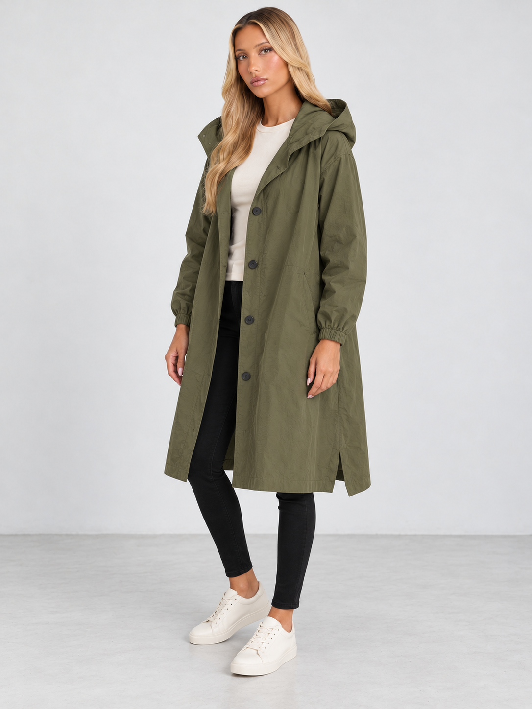 Women's Hooded Long Trench Coat - army green model
