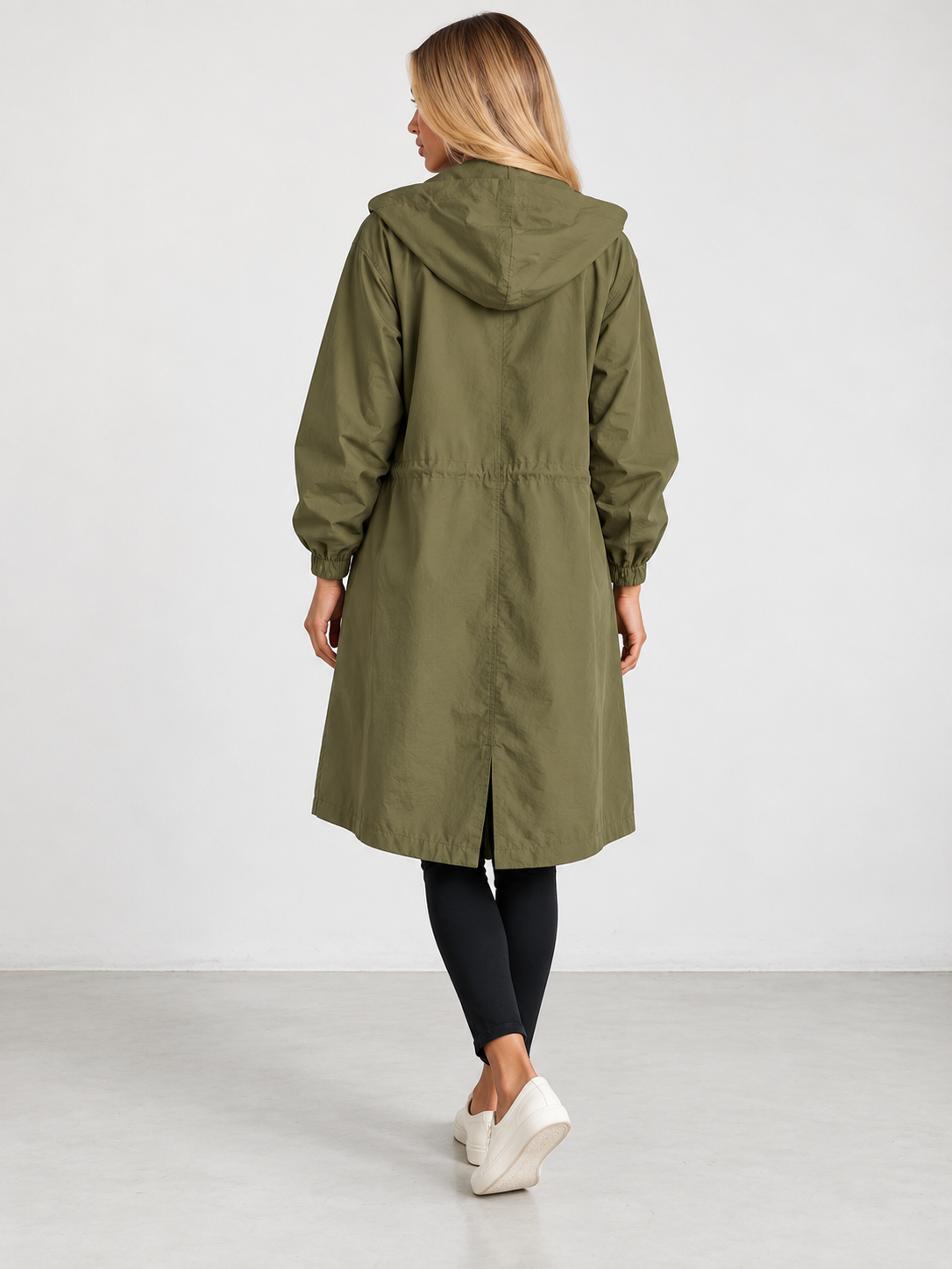 Women's Hooded Long Trench Coat - army green back
