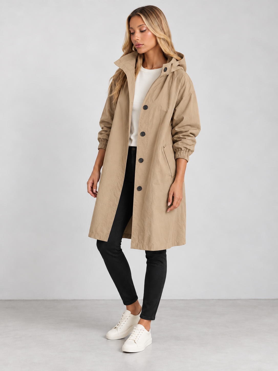 Women's Hooded Long Trench Coat - beige model