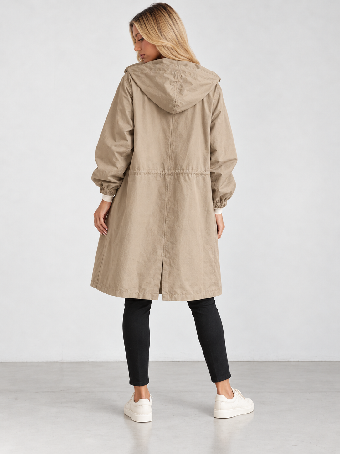 Women's Hooded Long Trench Coat - beige back