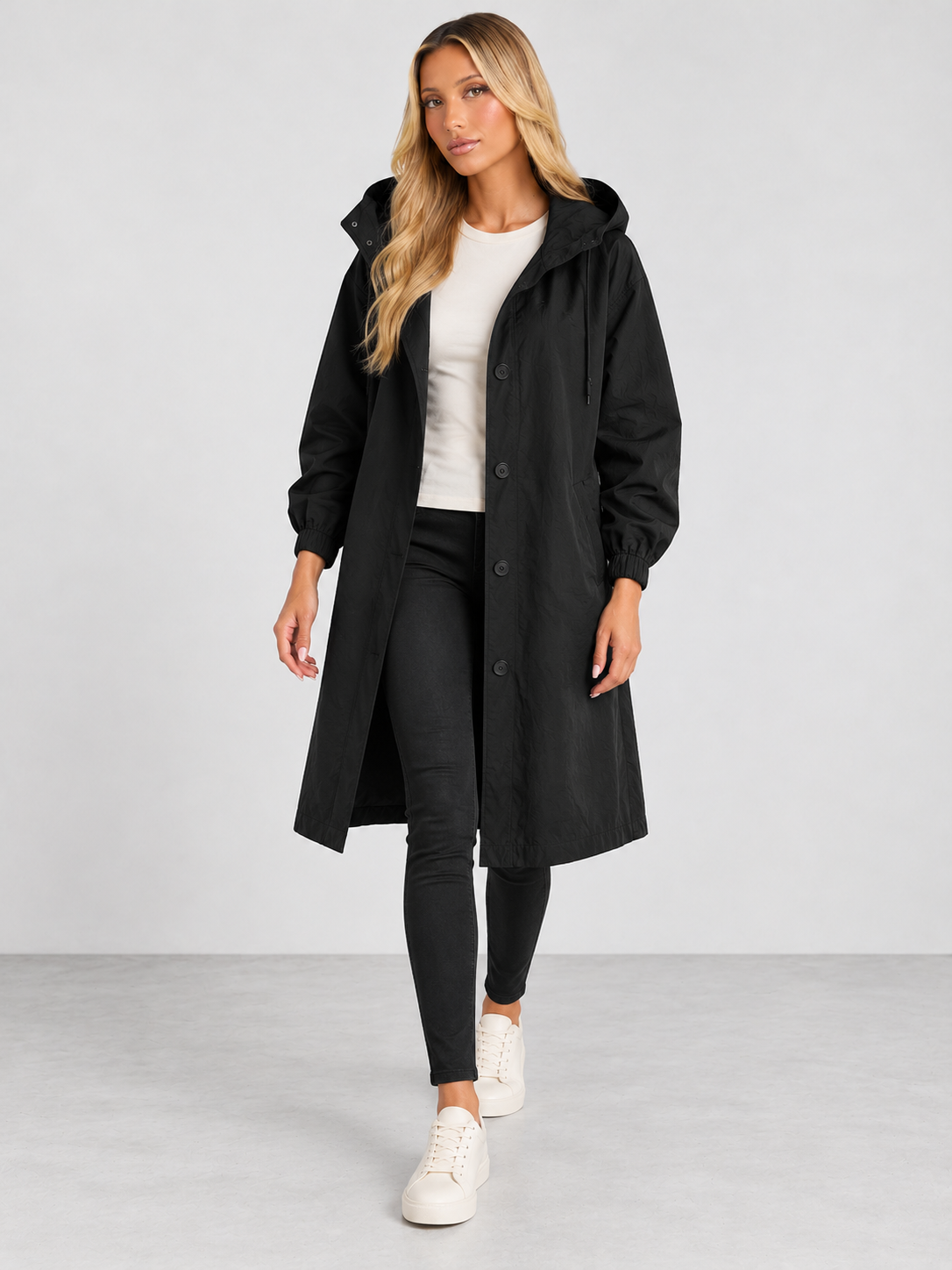 Women's Hooded Long Trench Coat - black model