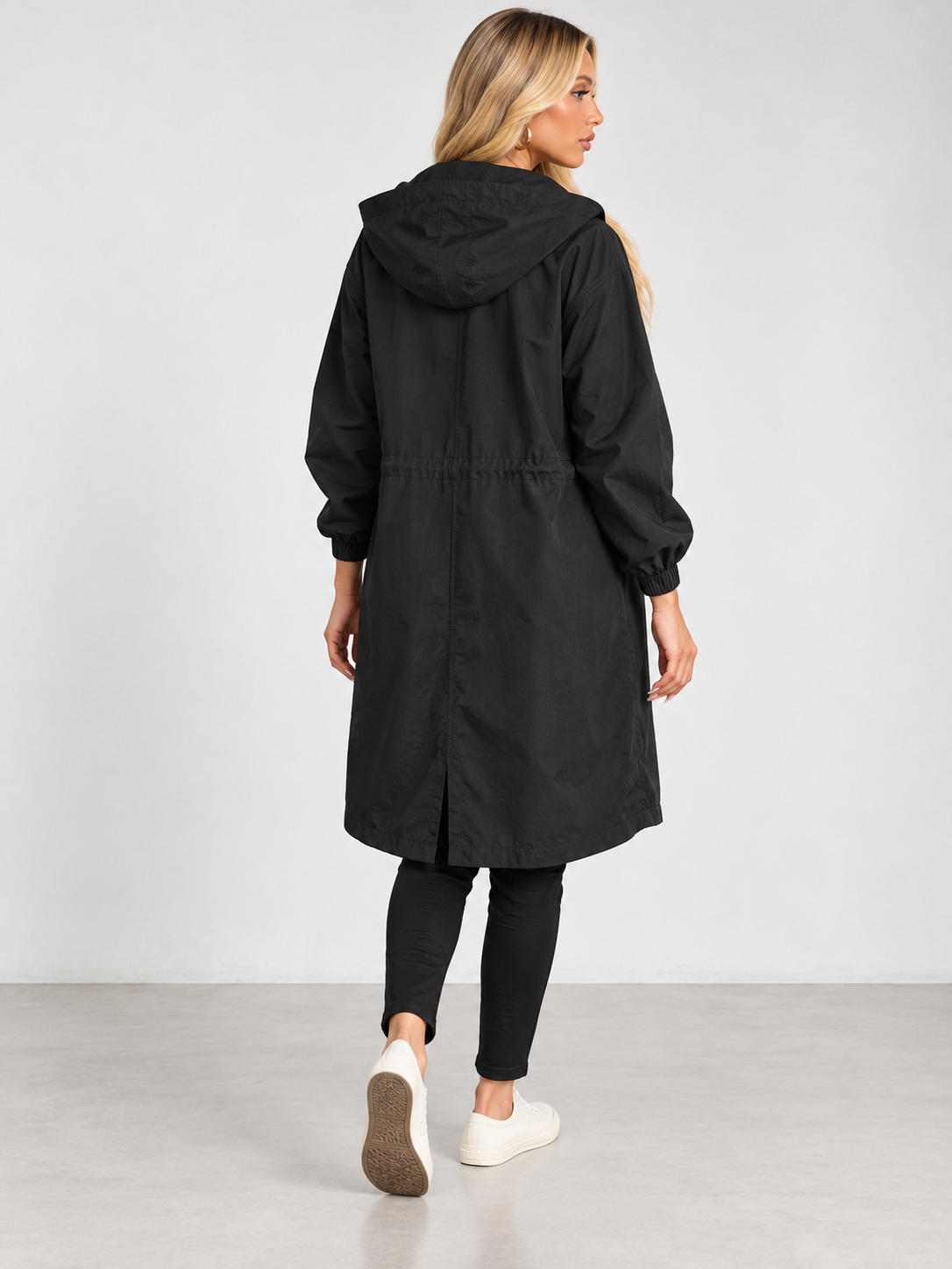 Women's Hooded Long Trench Coat - black back