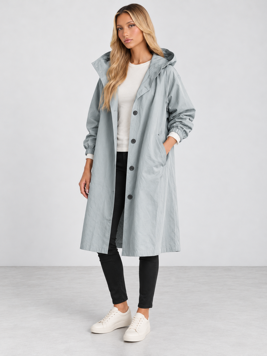 Women's Hooded Long Trench Coat - ice grey model