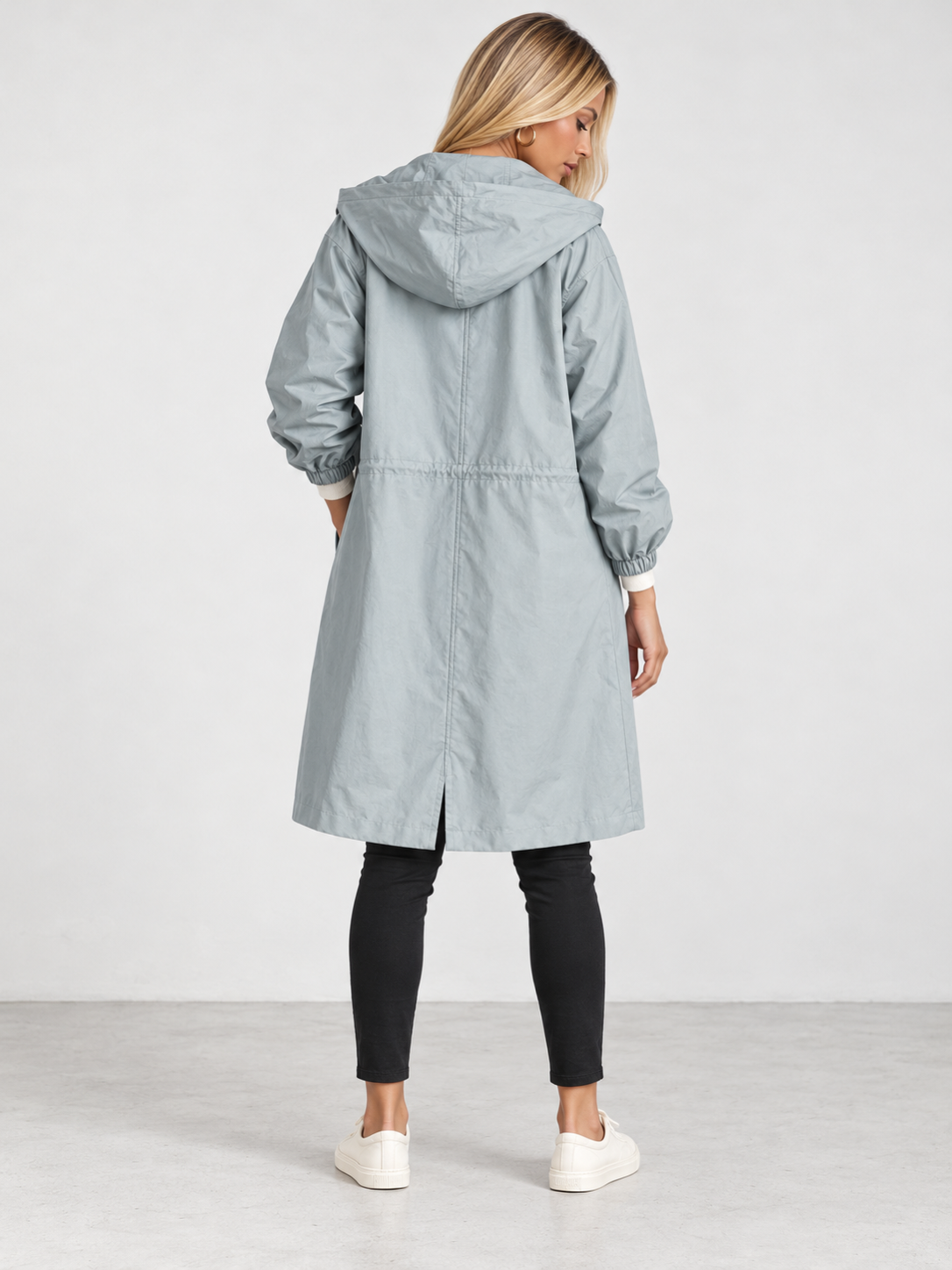Women's Hooded Long Trench Coat - ice grey back