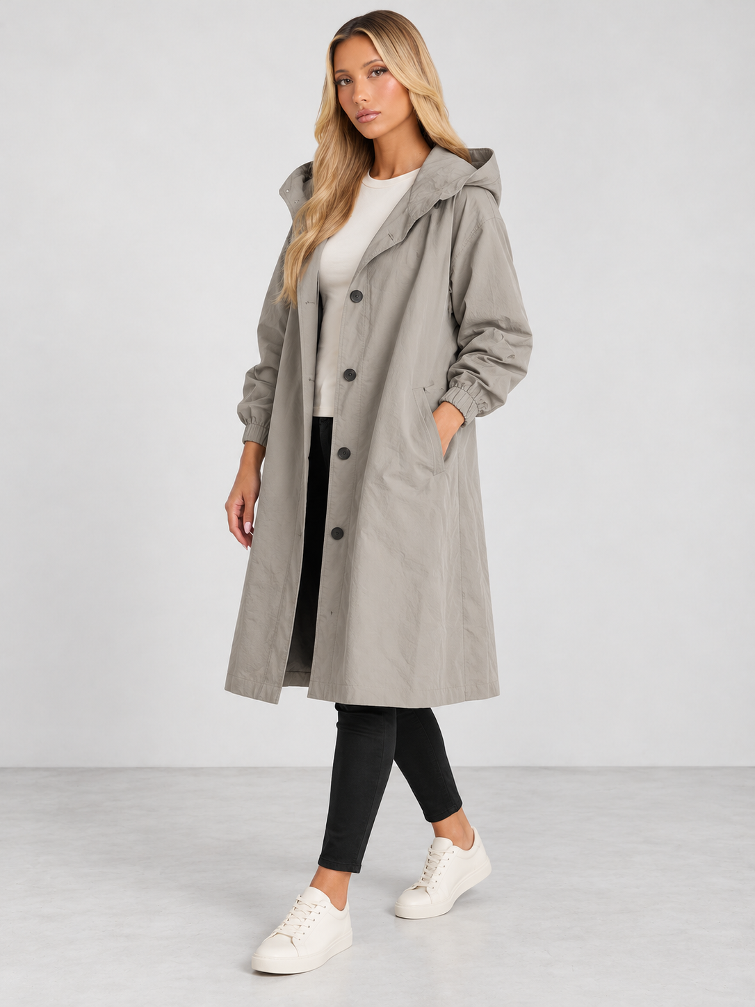 Women's Hooded Long Trench Coat - light grey model