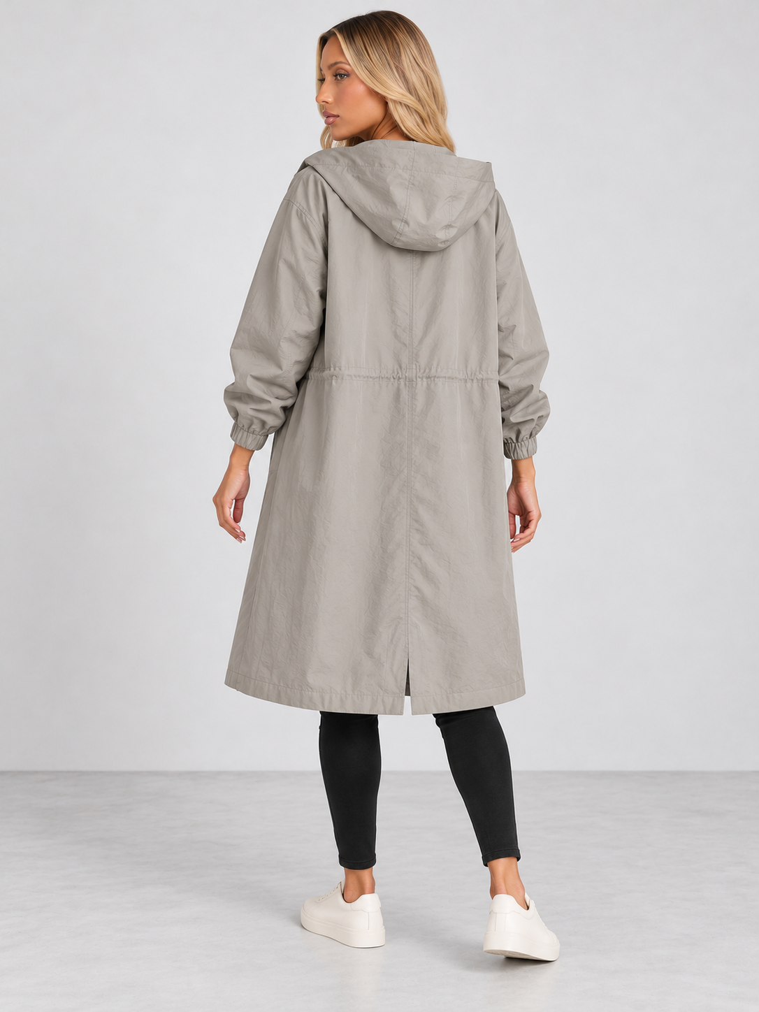 Women's Hooded Long Trench Coat - light grey back