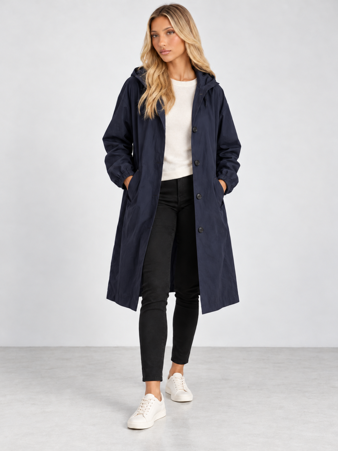 Women's Hooded Long Trench Coat - navy blue model