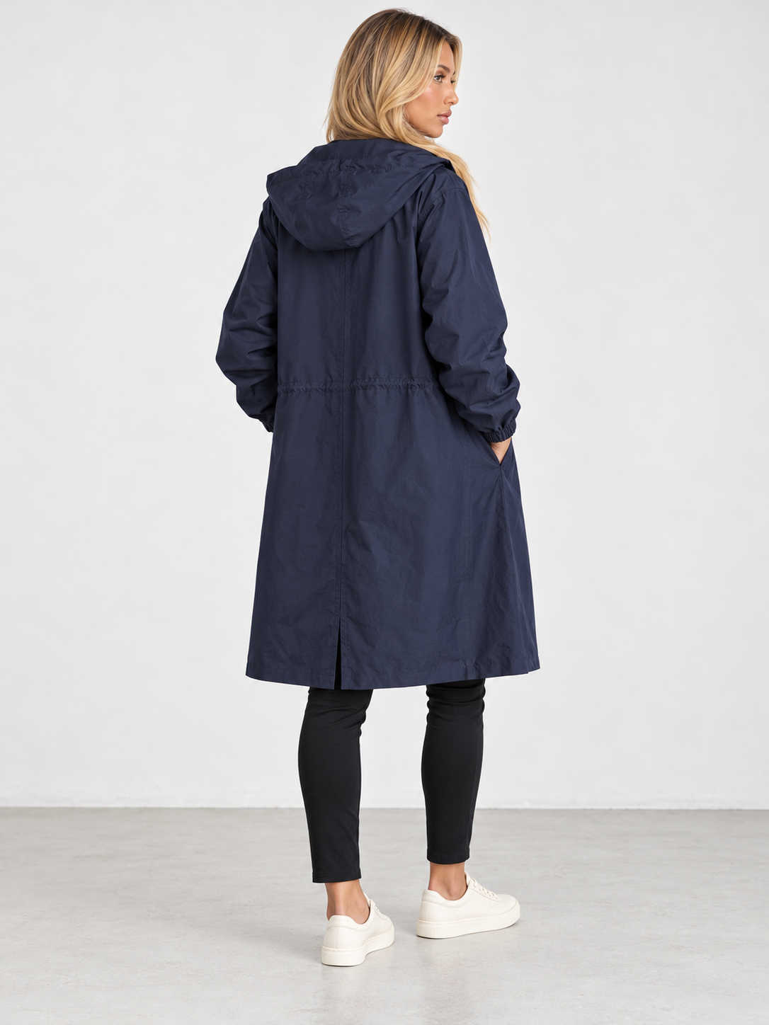 Women's Hooded Long Trench Coat - navy blue back