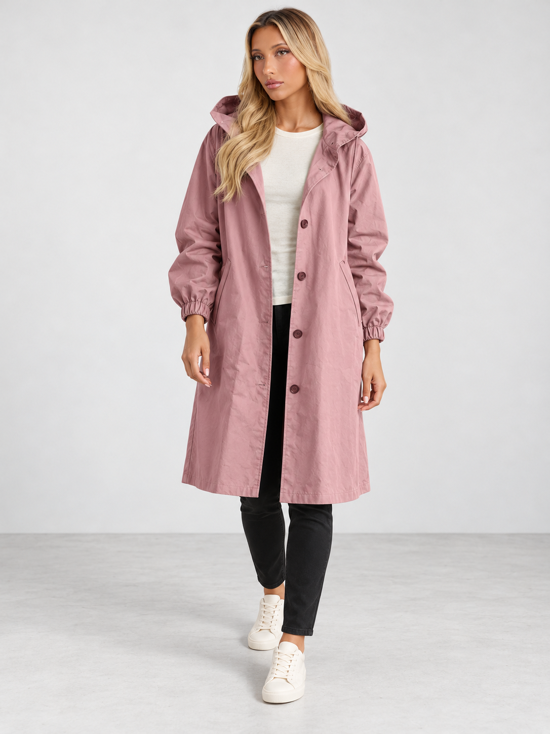 Women's Hooded Long Trench Coat - pink model