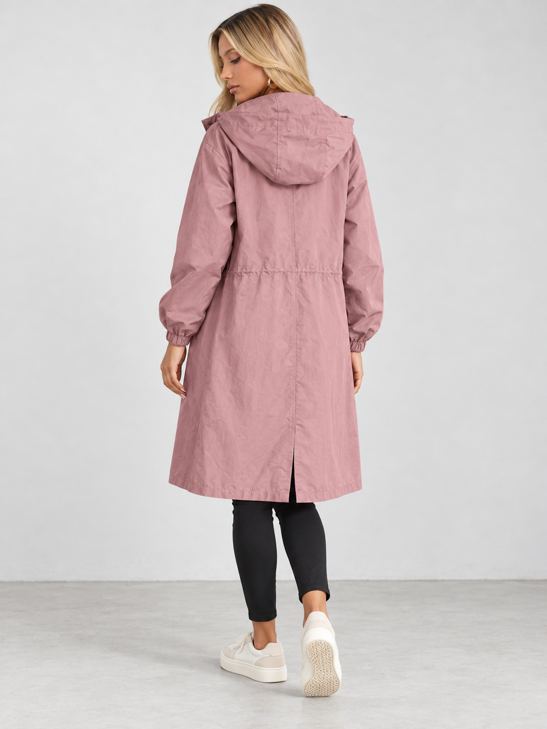 Women's Hooded Long Trench Coat - pink back