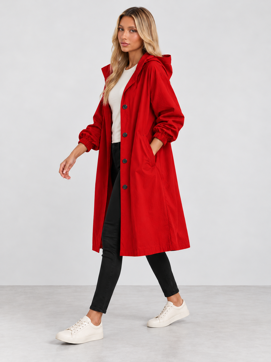 Women's Hooded Long Trench Coat - red model