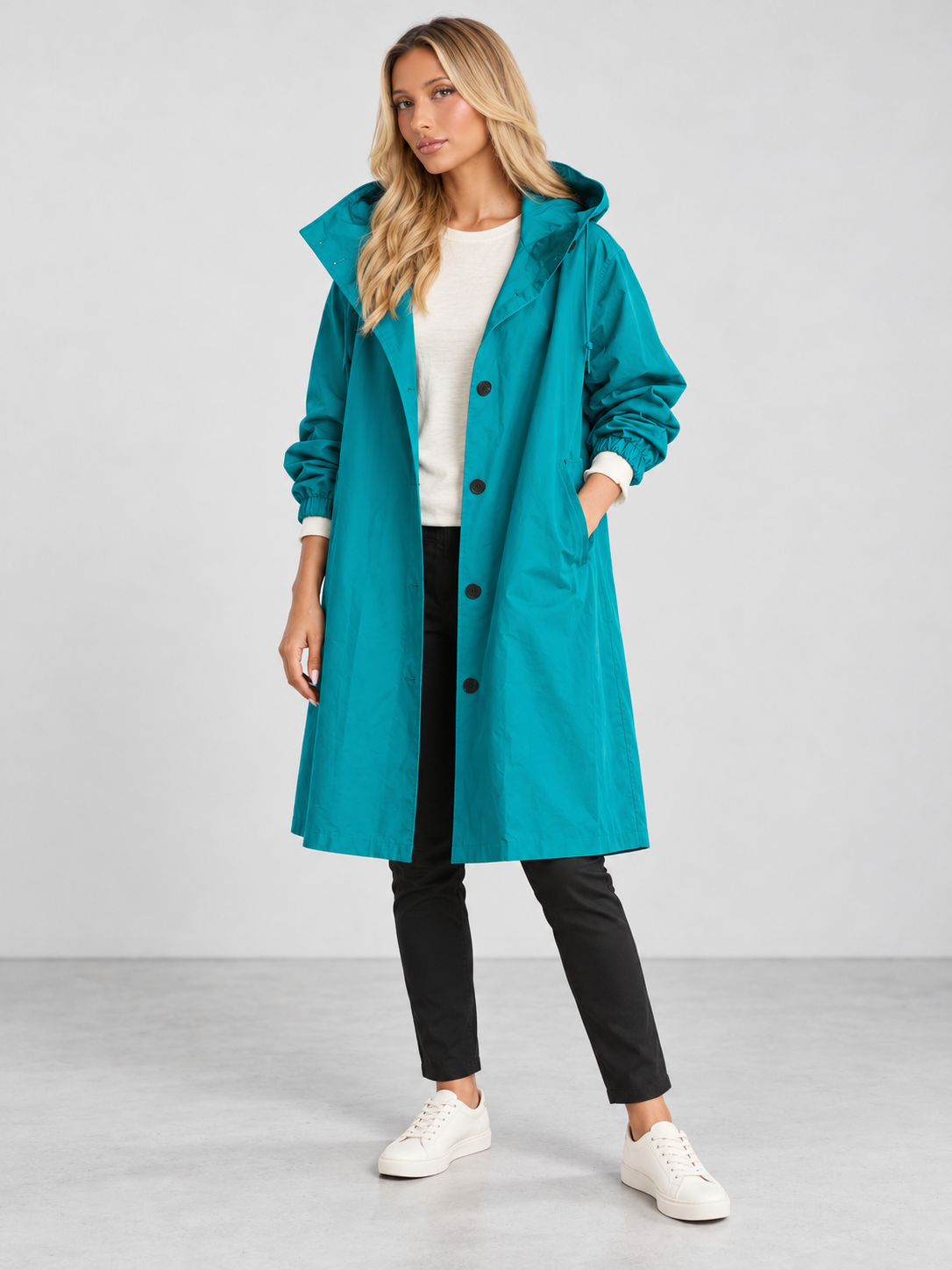 Women's Hooded Long Trench Coat - turquoise model