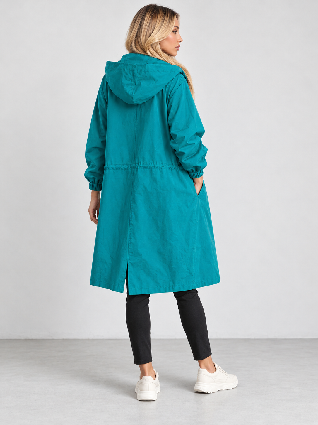 Women's Hooded Long Trench Coat - turquoise back