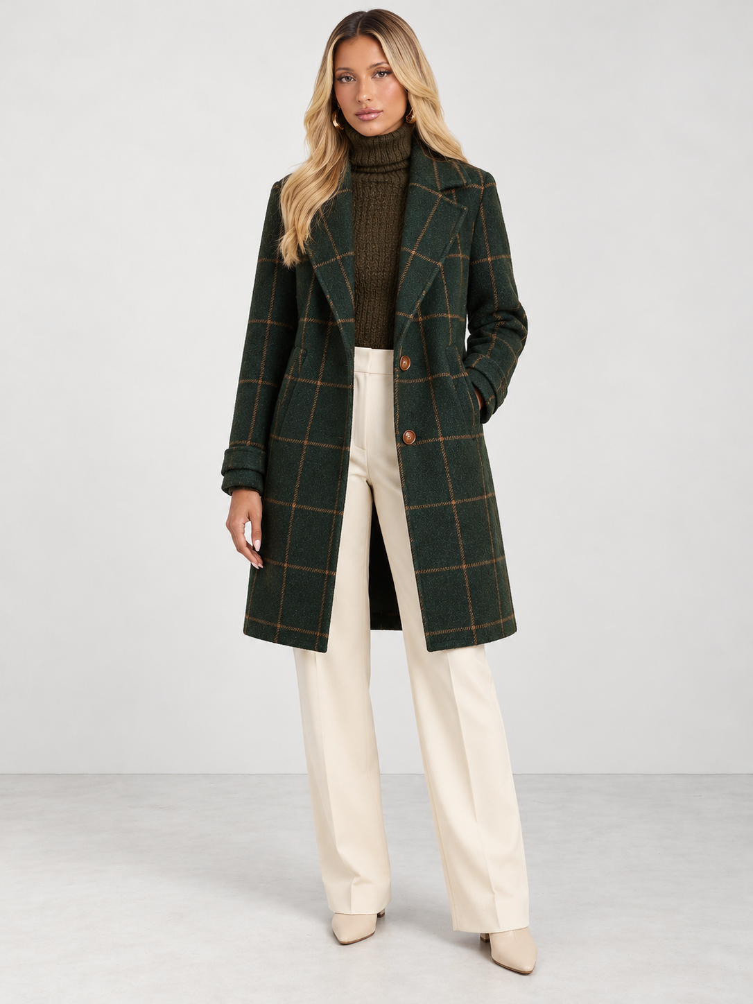 Women's Check Double Breasted Midi Coat - dark green model