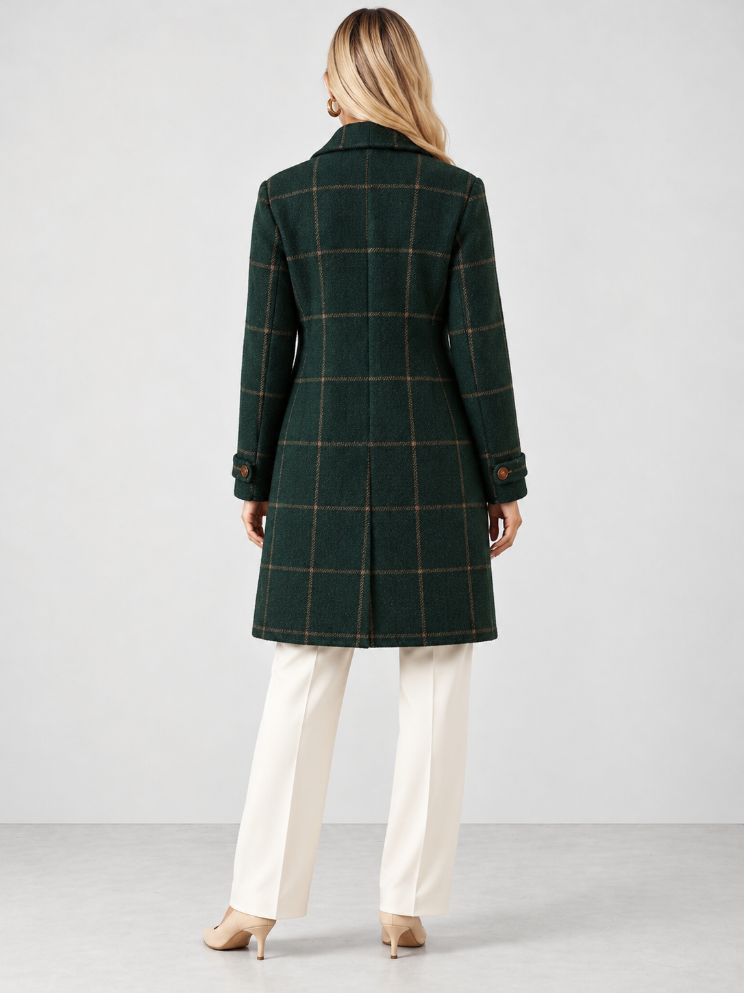 Women's Check Double Breasted Midi Coat - dark green back