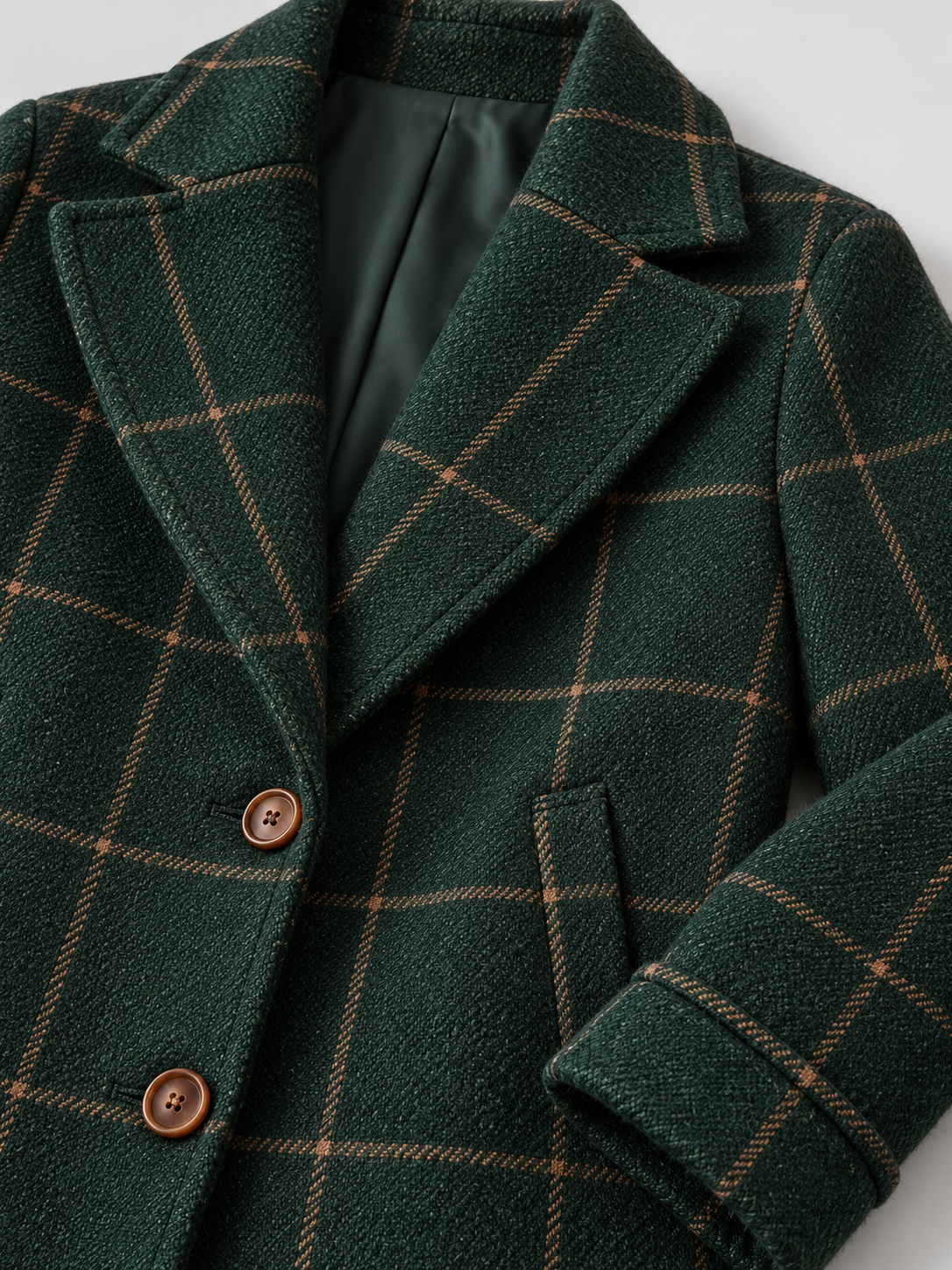 Women's Check Double Breasted Midi Coat - dark green detail